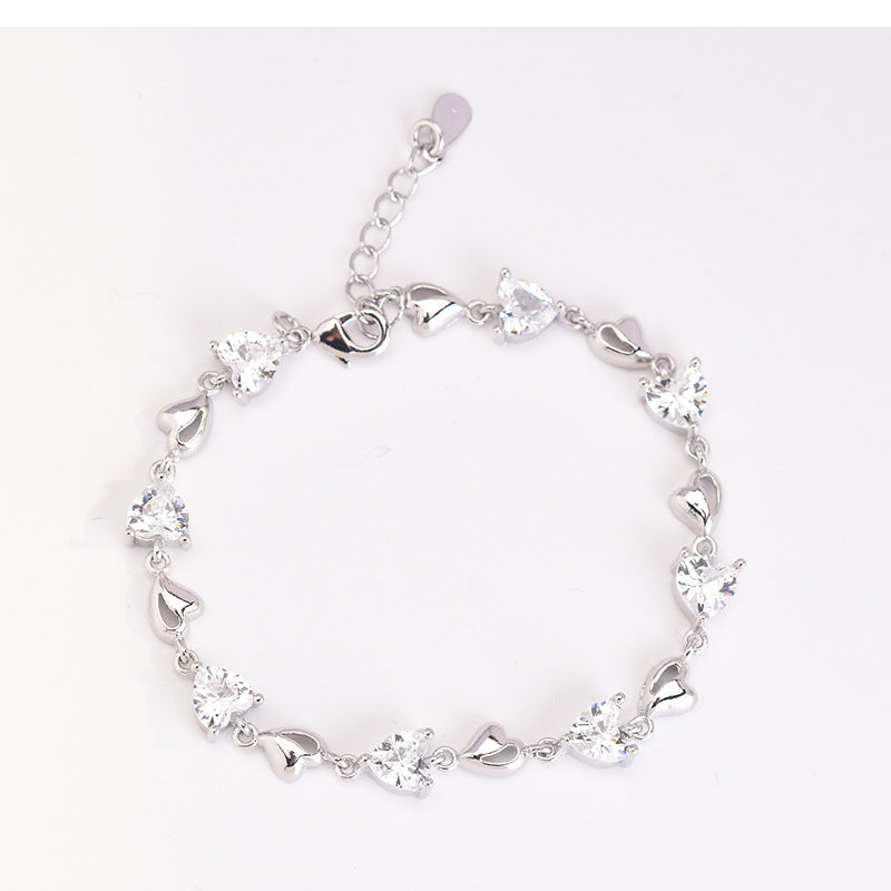 Women's Sweet Heart Blue Crystal Sier-plated Heart-shaped Simple Bracelet