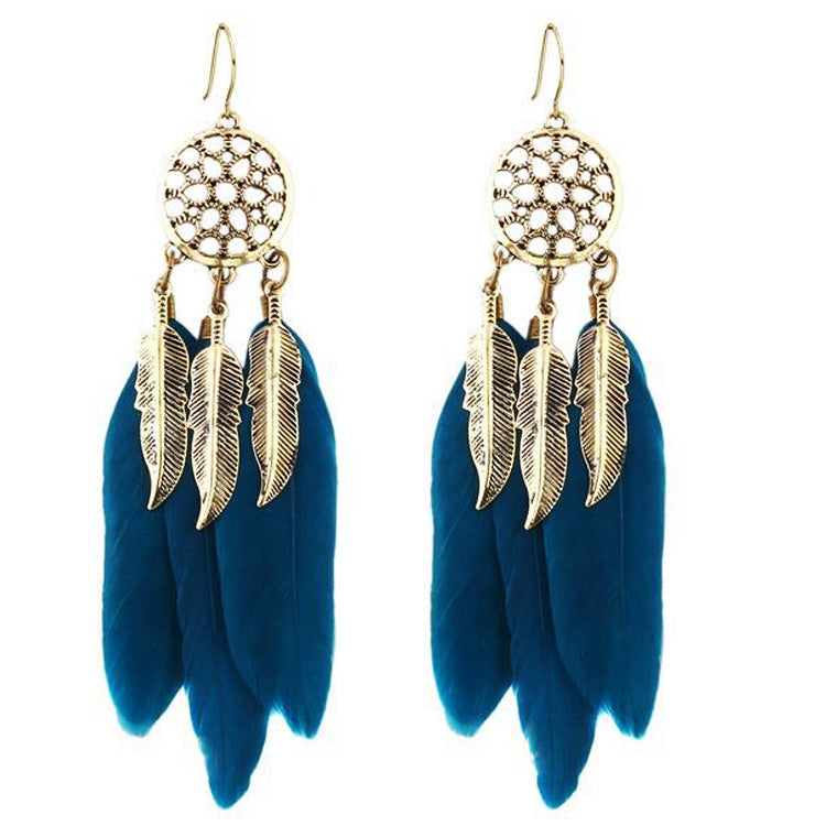 Women's Vintage Round Hollow Leaf Feather Bohemian Long Earrings