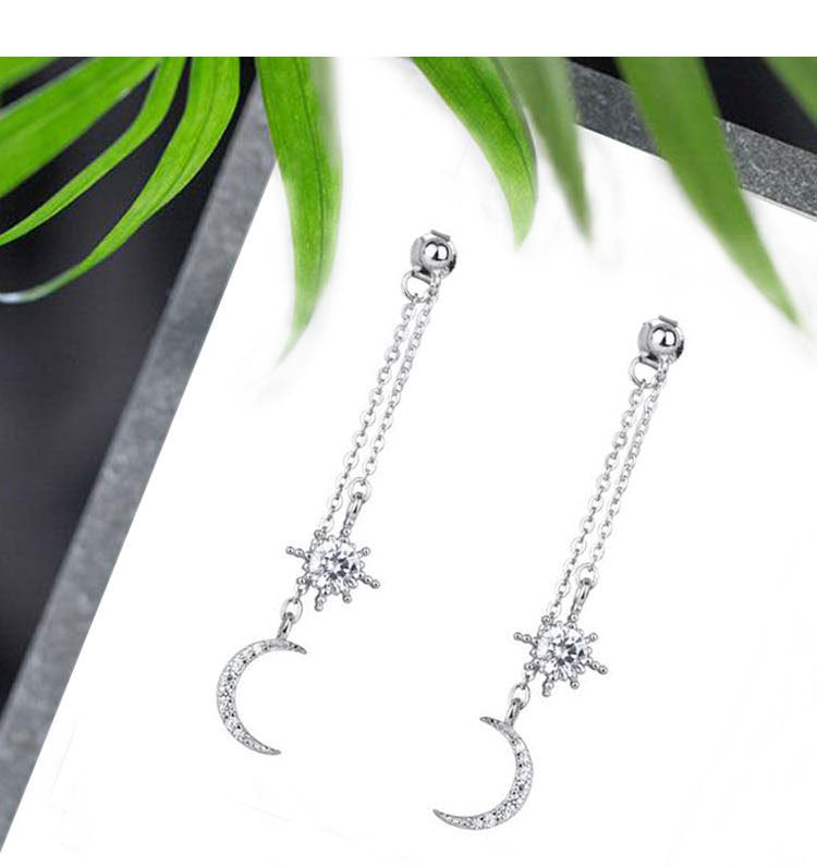 Women's Sterling Sier Elegant Star Moon Rhinestone Long Earrings