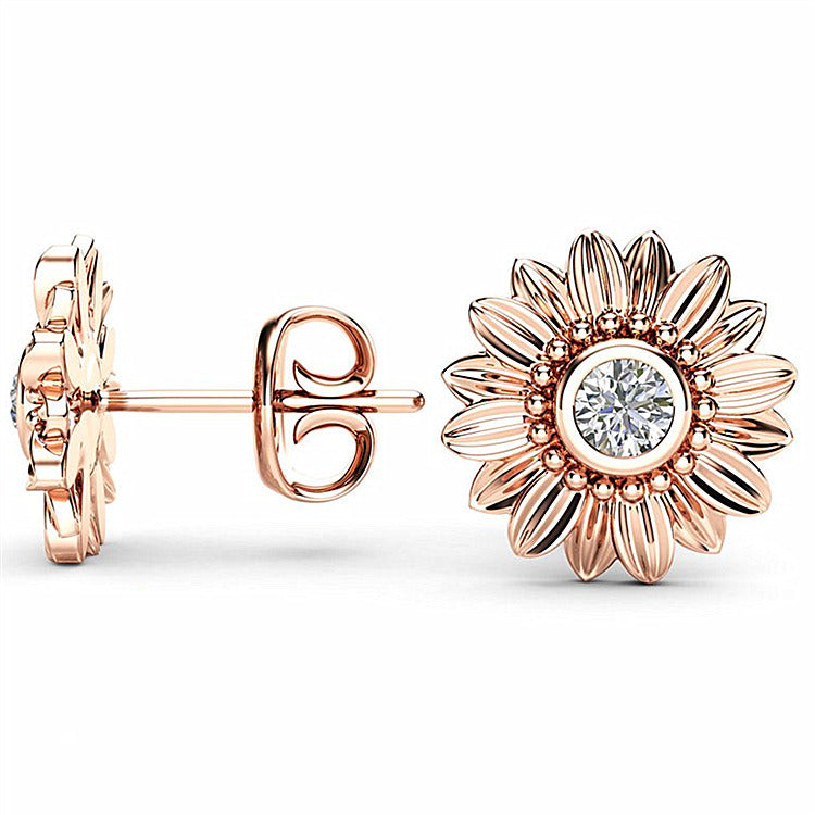 Diamond Rose Gold Plated Natural Sun Flower Ear Earrings