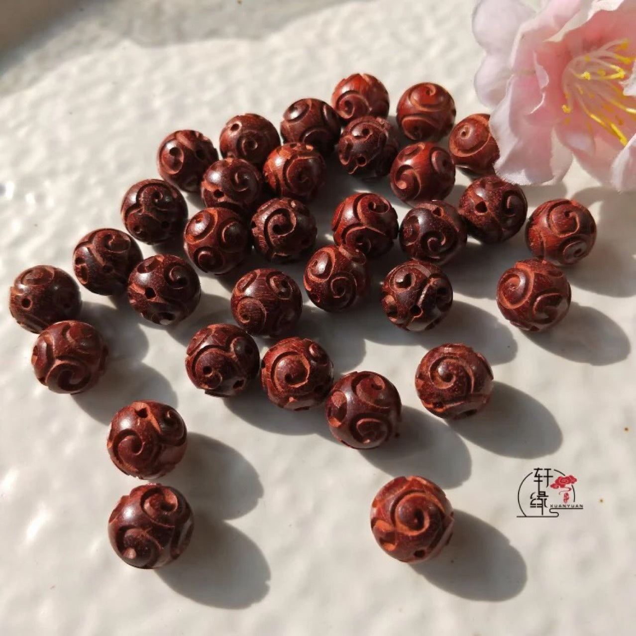 Rosewood Red Sandalwood Lotus Beads Carved Auspicious Cloud Bracelet