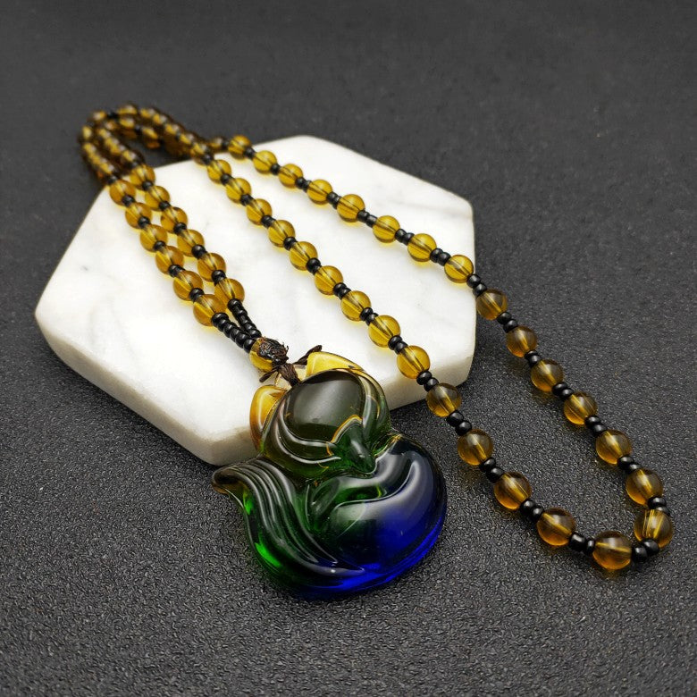 Colored Glaze Crystal Leaves Guan Gong Buddha Ornamental Stone Necklaces