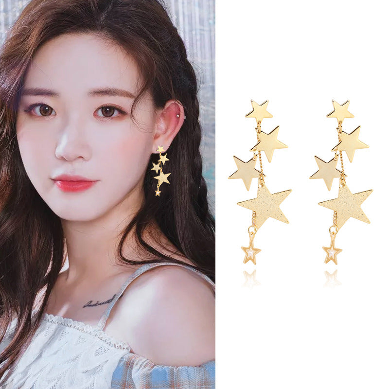 Women's Korean Style Pentagram Graceful Long Hollow Earrings