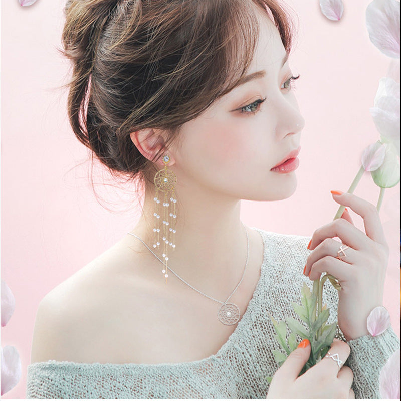 Women's Sier Needle Dream Catcher Tassel Pearl Earrings