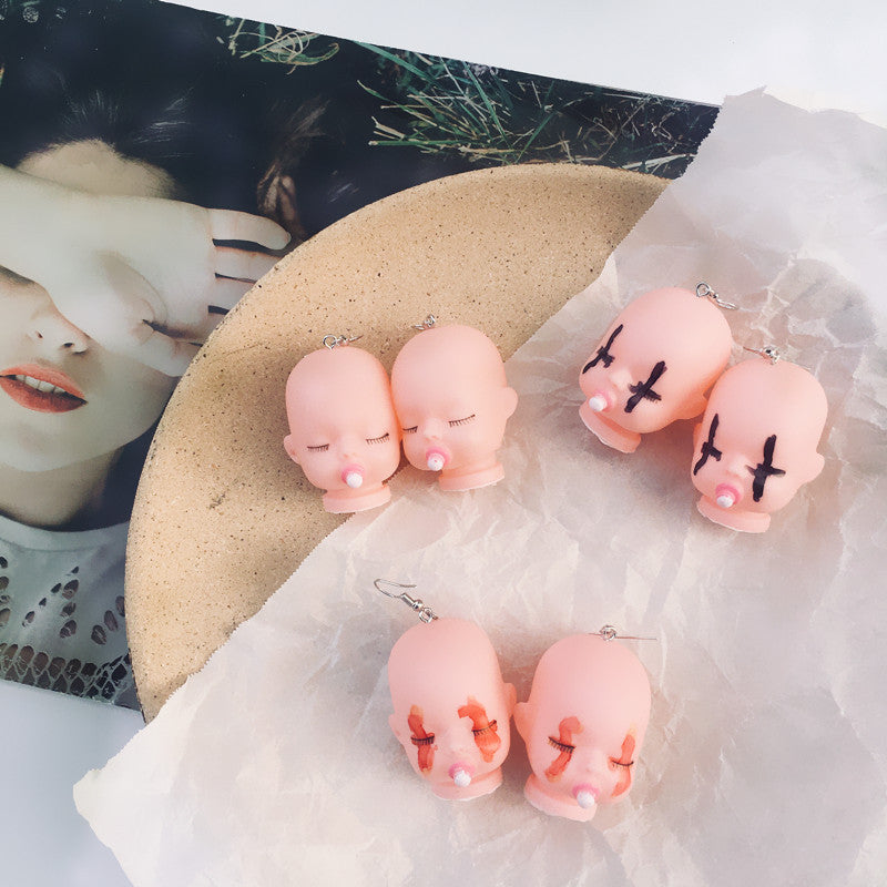 Handicraft Funny Cute Doll Head Niche Earrings