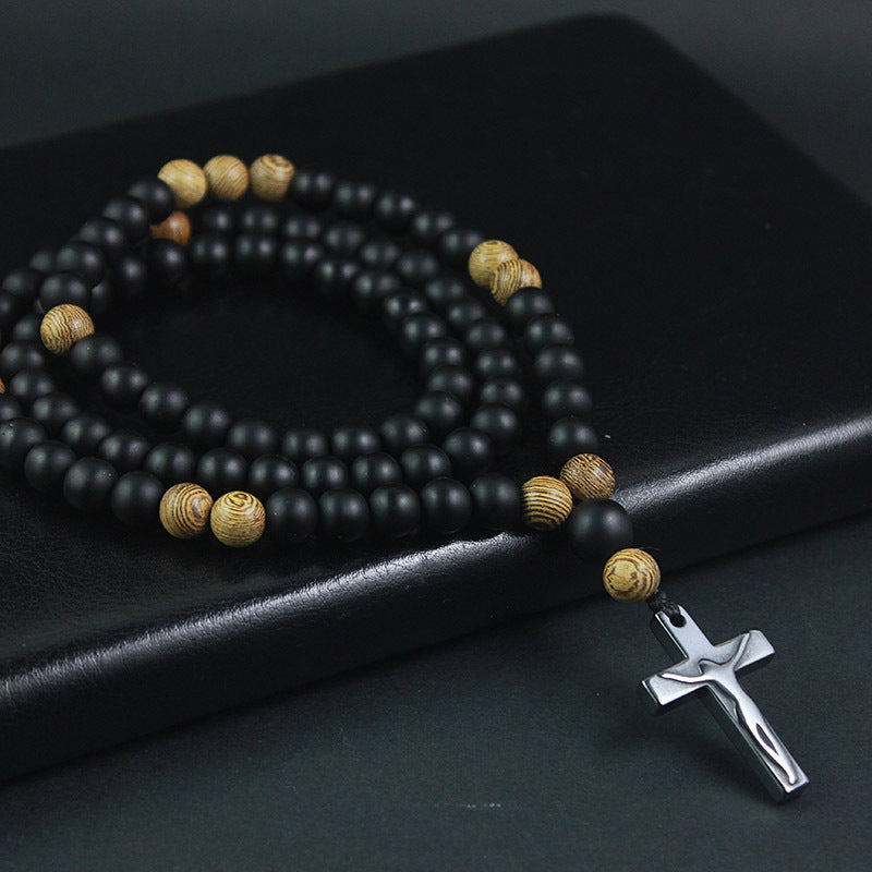 Bead Matte Black Agate Cross Long Necklaces