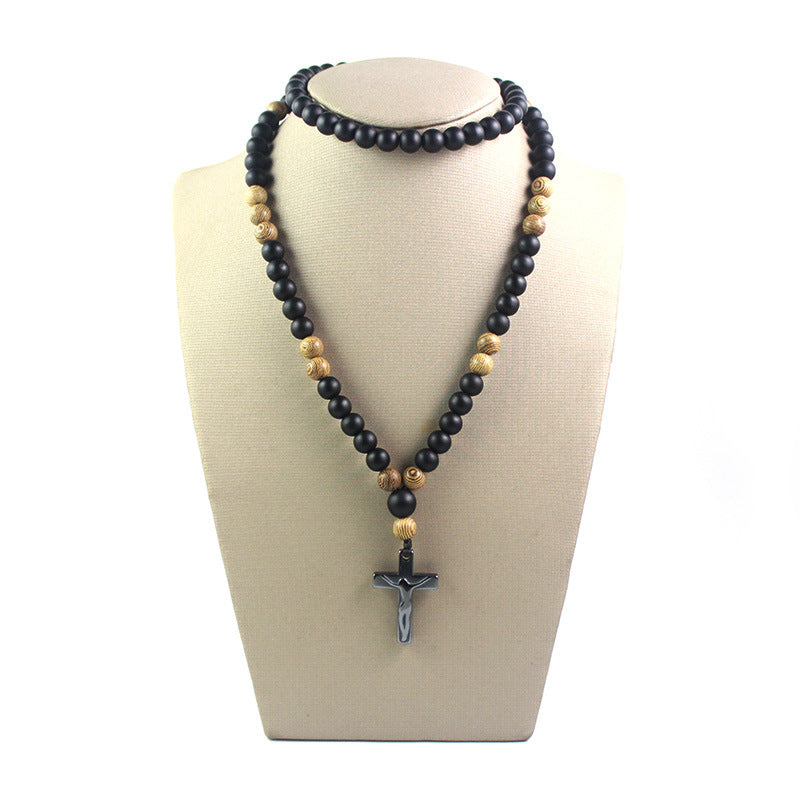 Bead Matte Black Agate Cross Long Necklaces