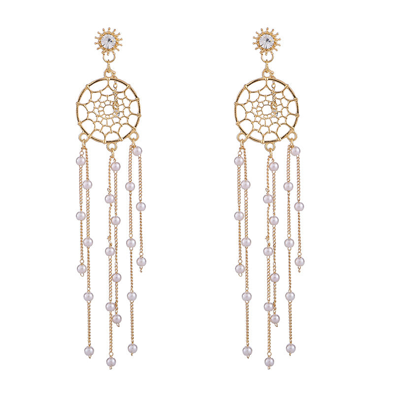 Women's Sier Needle Dream Catcher Tassel Pearl Earrings