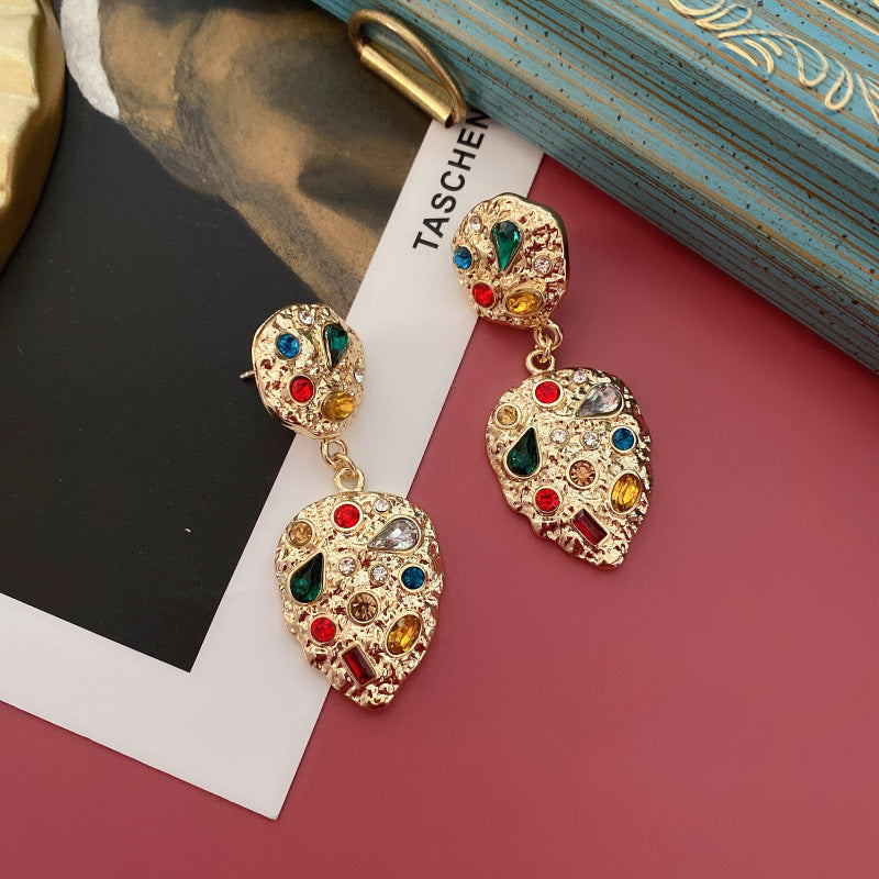 Court Sier Colored Gems Embossed Gold Simple Eardrops Ear Stud Earrings