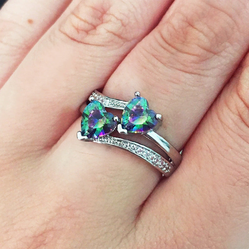 Women's Zircon For Double Heart-shaped Multicolor Gemstone White Gold Plated Copper Ring