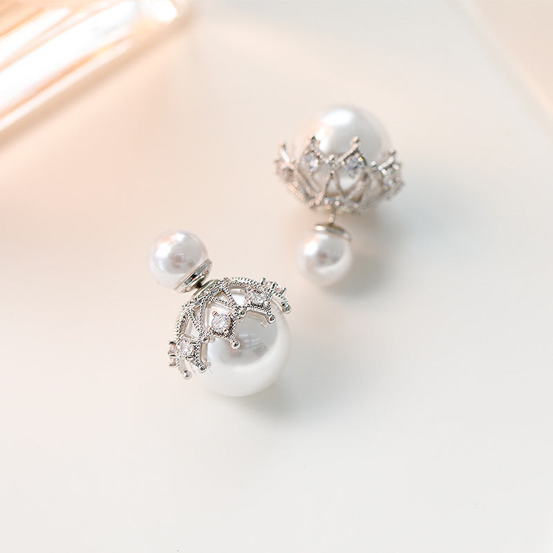 Women's Personalized Front Rear Pearl Ball Back Lace Sier Needle Zircon Earrings