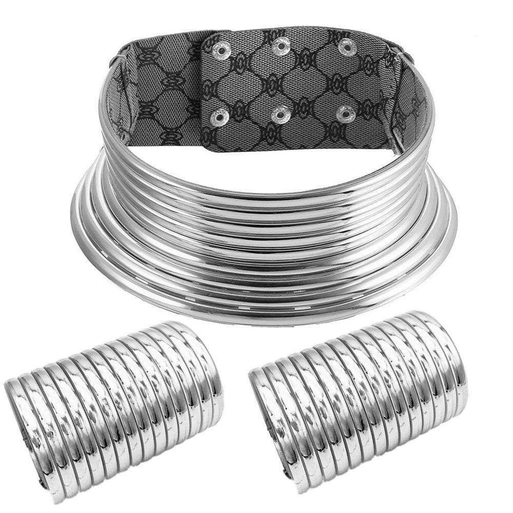 African Tribe Collar Exaggerated Pairs Hand Jewelry Set