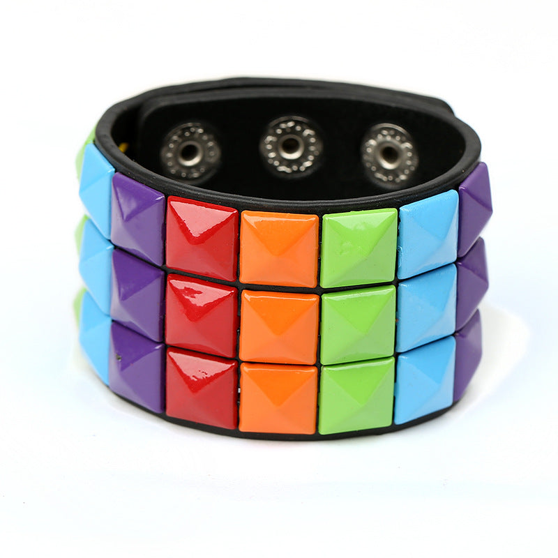 Men's Multicolor Square Nail Leather Personality Cycling Bracelet