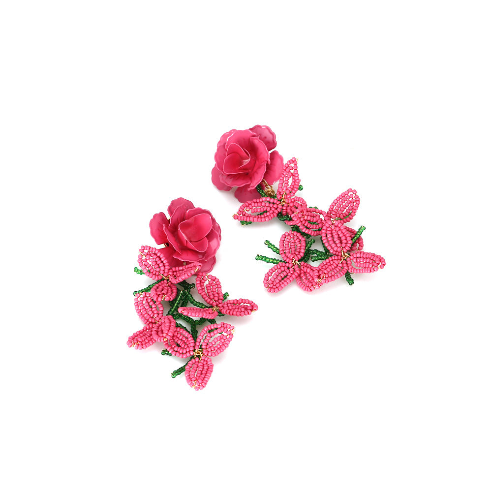 Women's Personality Handmade Woven Bead Flower Tassel Earrings