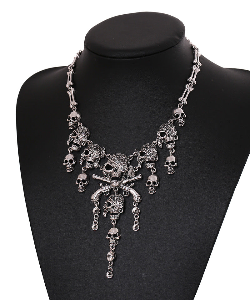 Women's Retro Exaggerated Skull Ghost Head Tassel Alloy Necklace