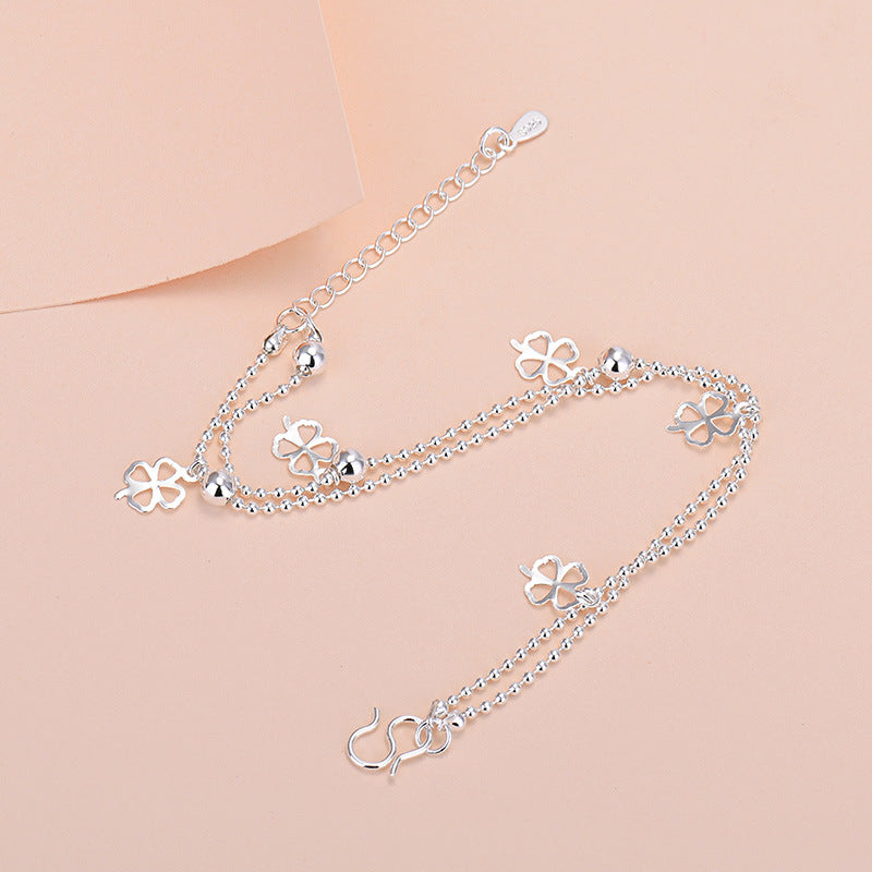 Women's Sier-plated Clover Fashion Round Beads Double Bracelets