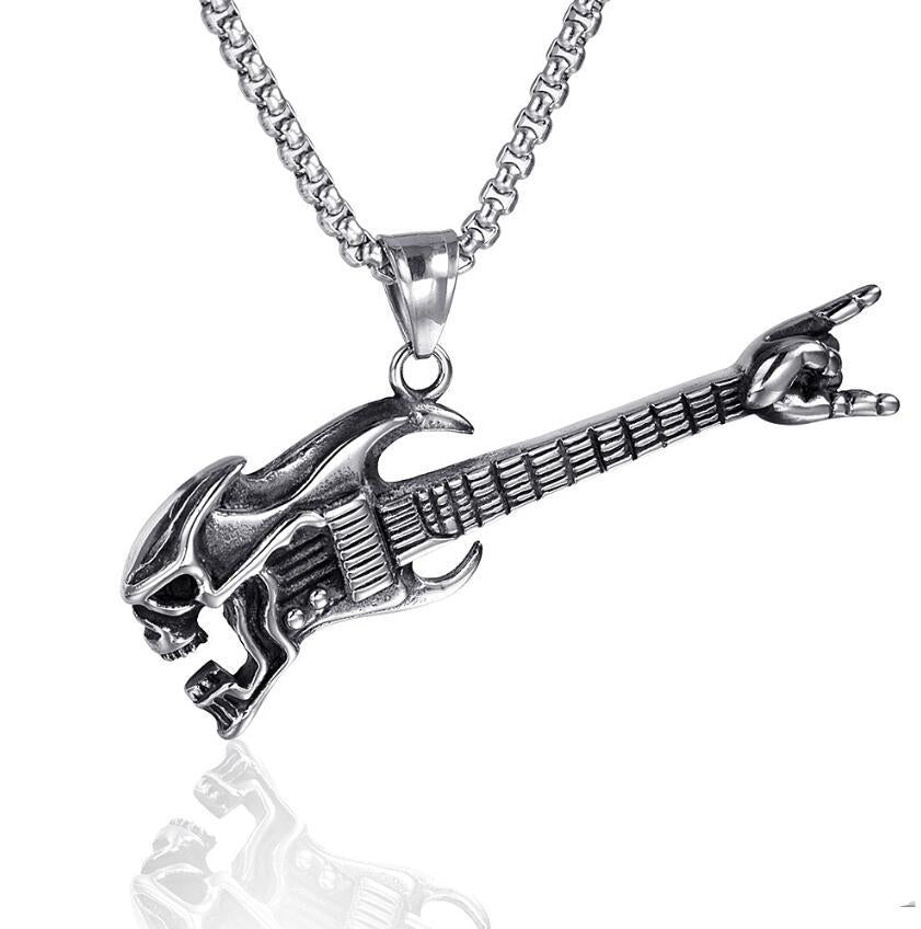 Men's Hop Skull Bass Guitar Gesture Retro Music Personality Musical Instrument Necklace