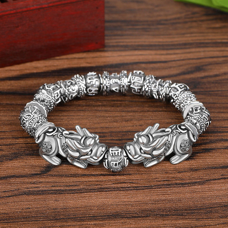Women's & Men's Sier Mantra Sanskrit Lucky Beads Retro Chic Obsidian Bracelet