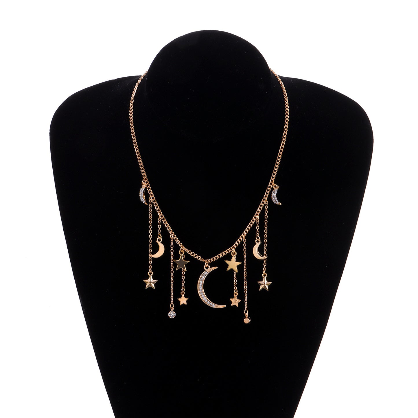 Women's Full Diamond Crescent Five-pointed Star Rhinestone Tassel Necklaces