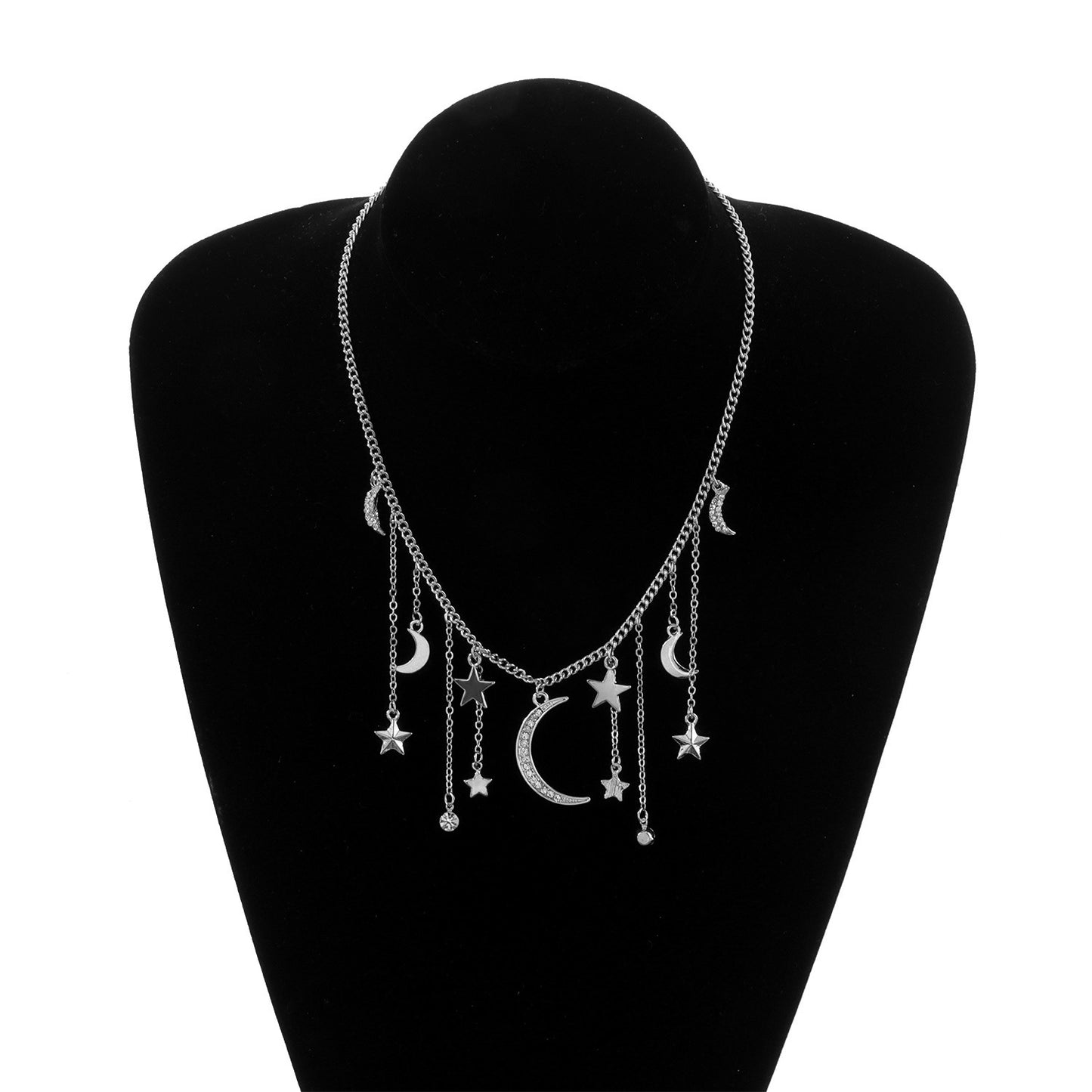 Women's Full Diamond Crescent Five-pointed Star Rhinestone Tassel Necklaces