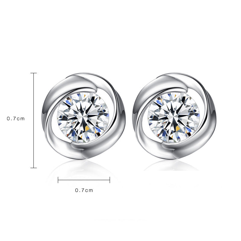 Women's Style Sier Round Zircon Windmill Rotating Stud Earrings