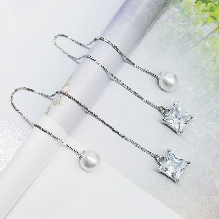 Shiny Square Zircon Pearl Ear String Long Fashion Earrings