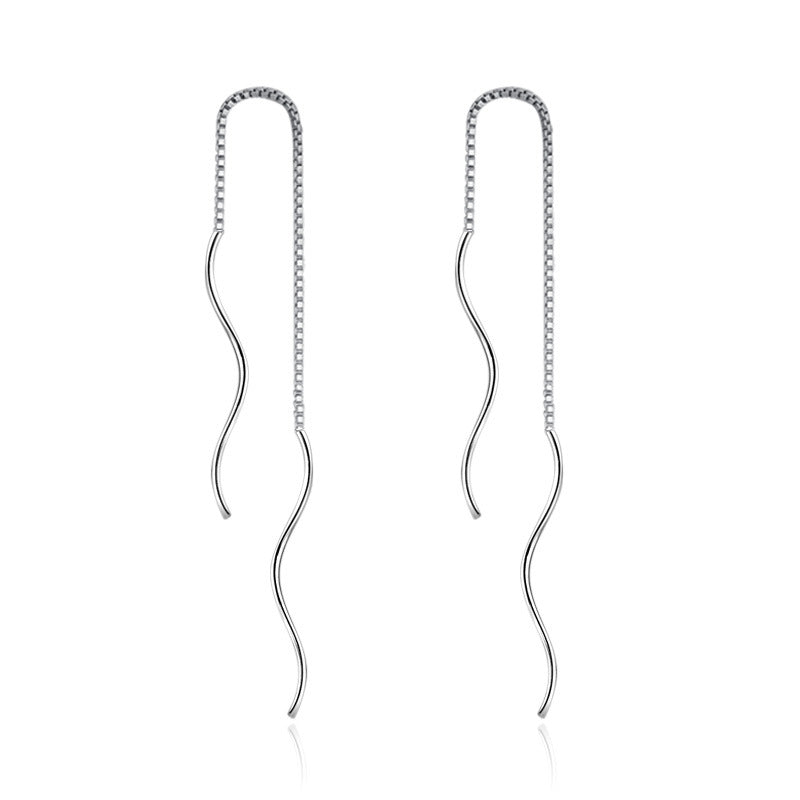 Women's Curved Wavy Tassel Sier Long Geometric Earrings