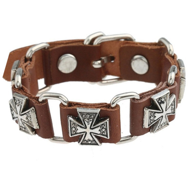 Men's Retro Punk Connecting Cattle Leather Alloy Cross Bracelet