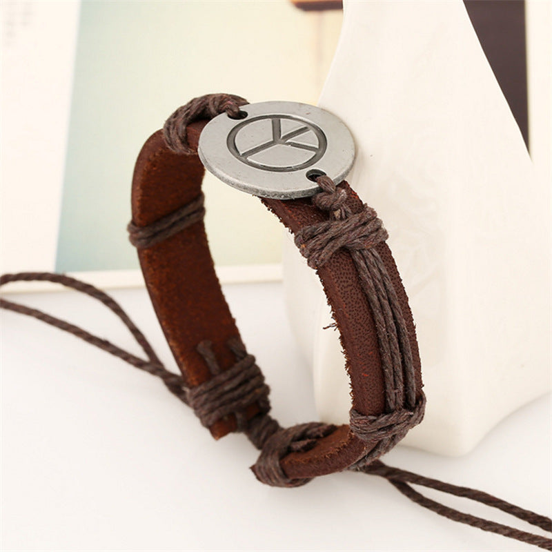 Peace Logo Cattle Leather Adjustable Vintage Carrying Bracelet