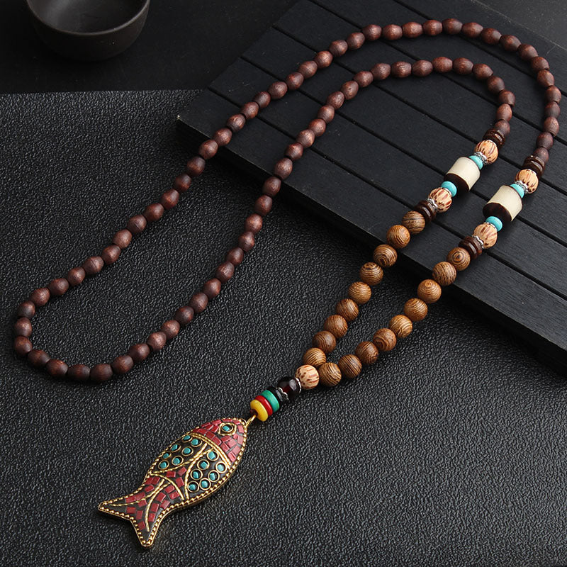 Women's Ethnic Sweater Chain Wooden Bead Long Necklaces