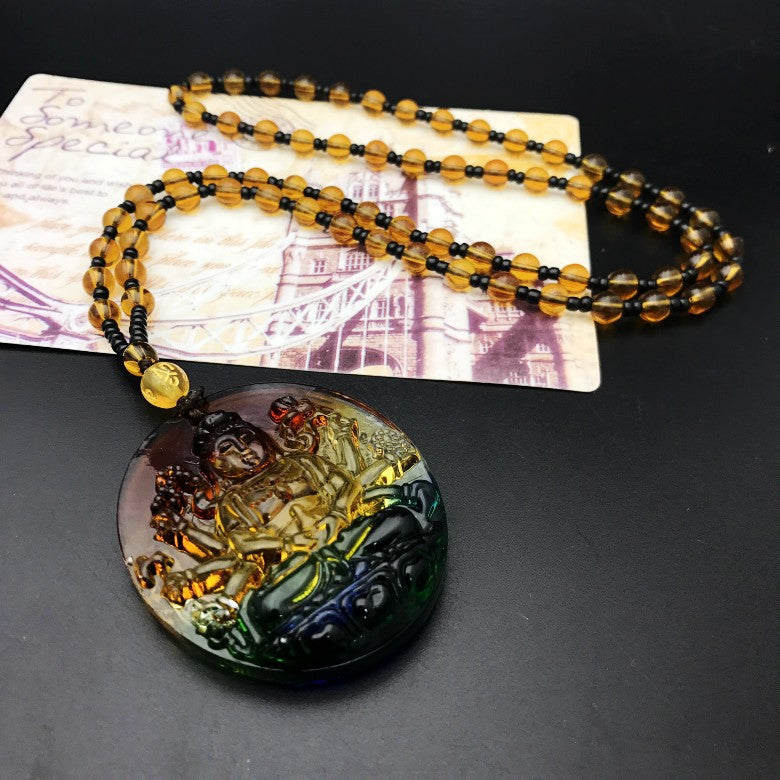 Colored Glaze Crystal Leaves Guan Gong Buddha Ornamental Stone Necklaces
