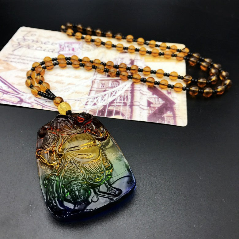 Colored Glaze Crystal Leaves Guan Gong Buddha Ornamental Stone Necklaces
