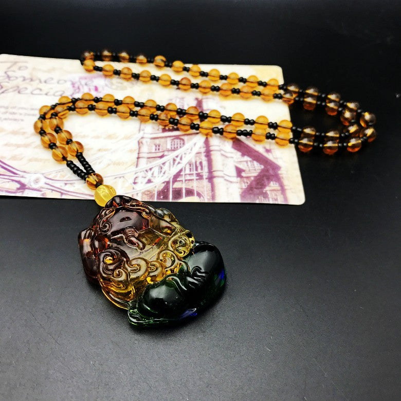 Colored Glaze Crystal Leaves Guan Gong Buddha Ornamental Stone Necklaces