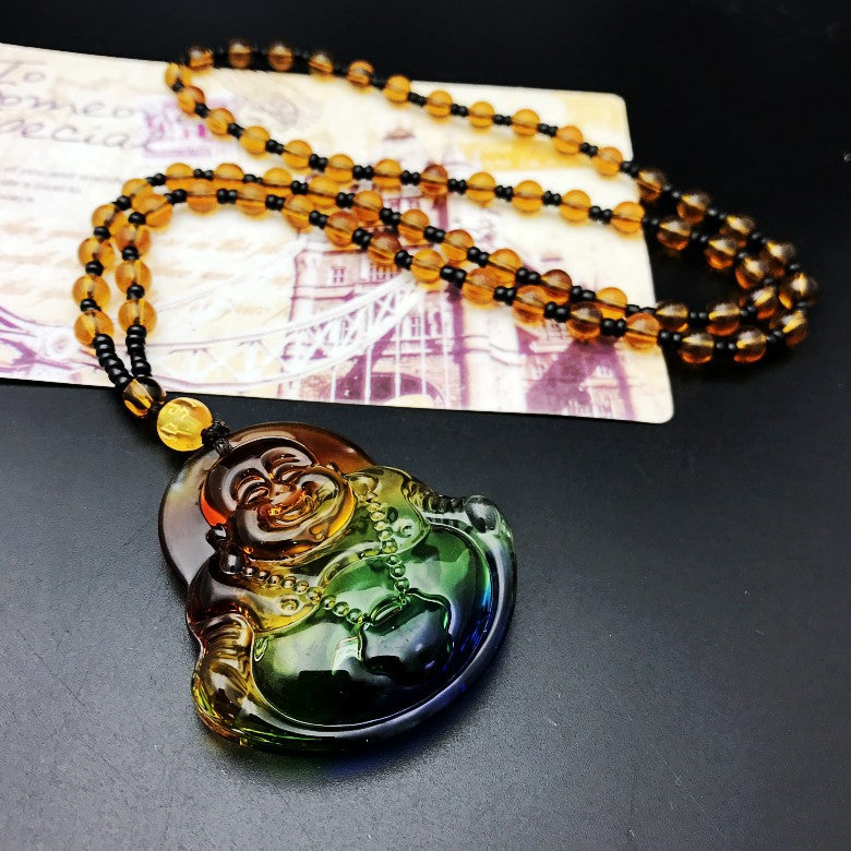 Colored Glaze Crystal Leaves Guan Gong Buddha Ornamental Stone Necklaces
