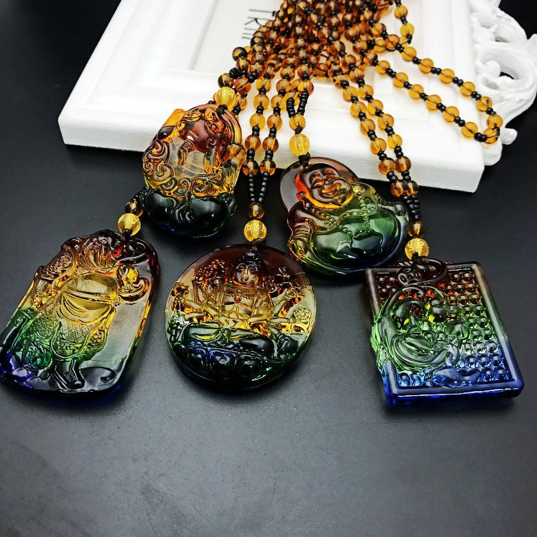 Colored Glaze Crystal Leaves Guan Gong Buddha Ornamental Stone Necklaces