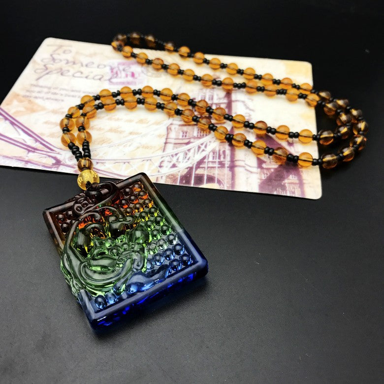 Colored Glaze Crystal Leaves Guan Gong Buddha Ornamental Stone Necklaces