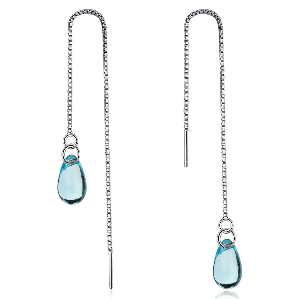 Women's Korean Mori Blue Crystal Drop-shaped Temperament Ear Line