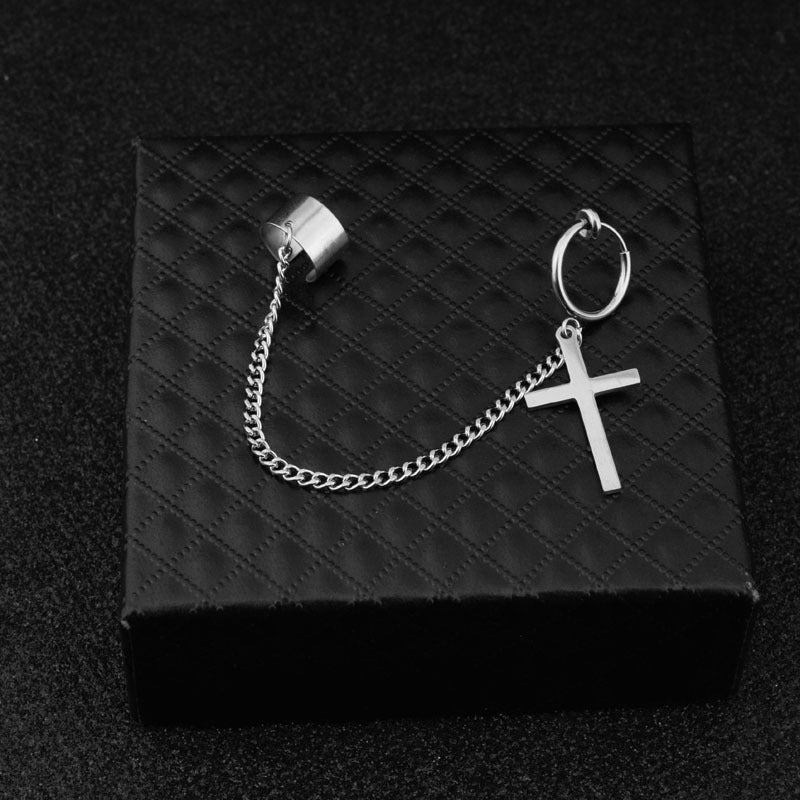 Classic Cross Ear Chain Mori Clip Stud Earrings