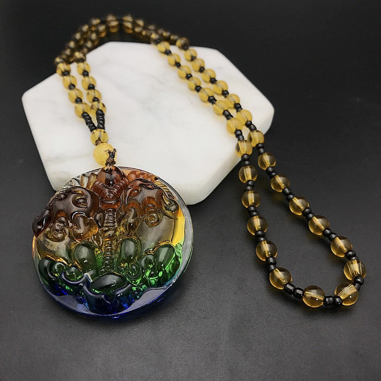 Colored Glaze Crystal Leaves Guan Gong Buddha Ornamental Stone Necklaces