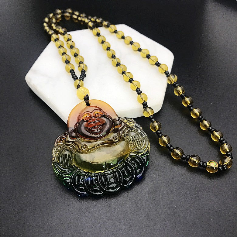 Colored Glaze Crystal Leaves Guan Gong Buddha Ornamental Stone Necklaces