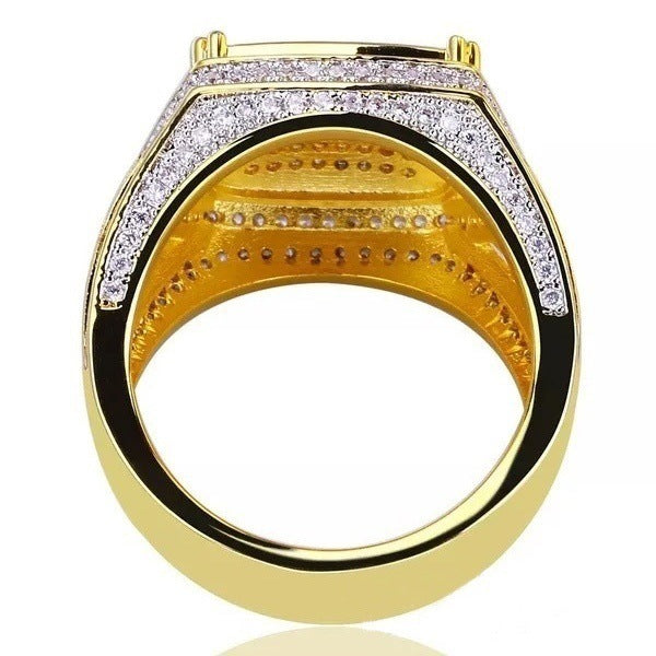 Men's Gold Plated Square Full Diamond Two-color Rings