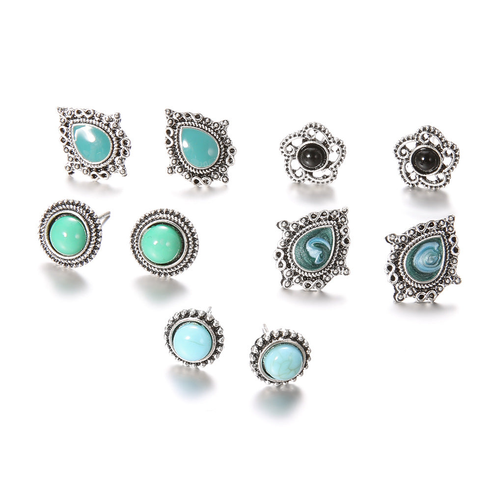 Pairs Blue Dazzling Turquoise Gem Boho Stud Earrings