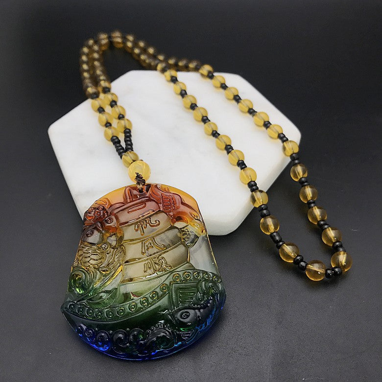 Colored Glaze Crystal Leaves Guan Gong Buddha Ornamental Stone Necklaces