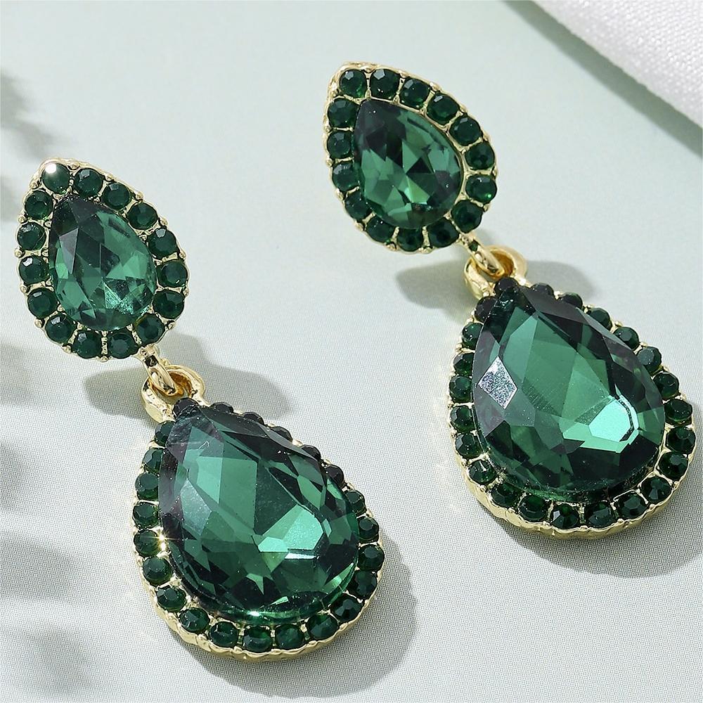 Women's Sier Needle Simple Personality Green Diamond Flower Love Heart Earrings
