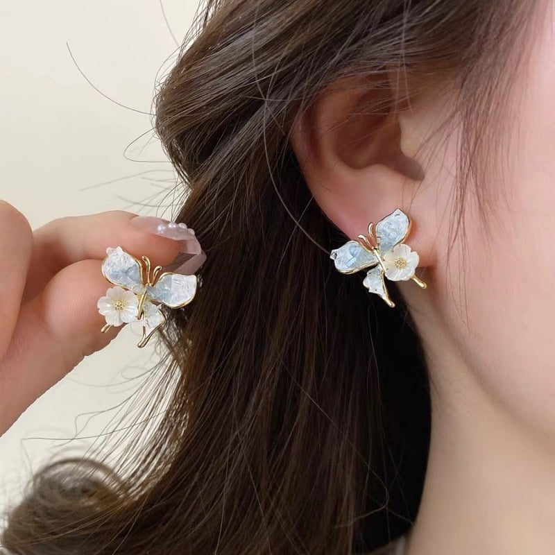 Gradient Blue Crystal Butterfly Female Niche Earrings