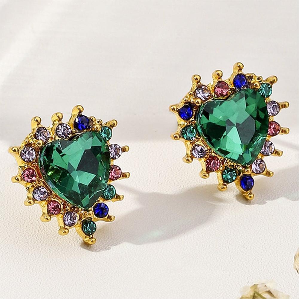 Women's Sier Needle Simple Personality Green Diamond Flower Love Heart Earrings