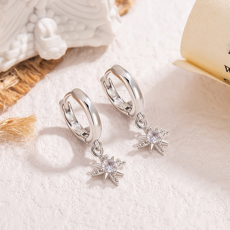 Women's Asymmetric Eight Awn Star French Style Fashionable Golden Simple Twin Earrings