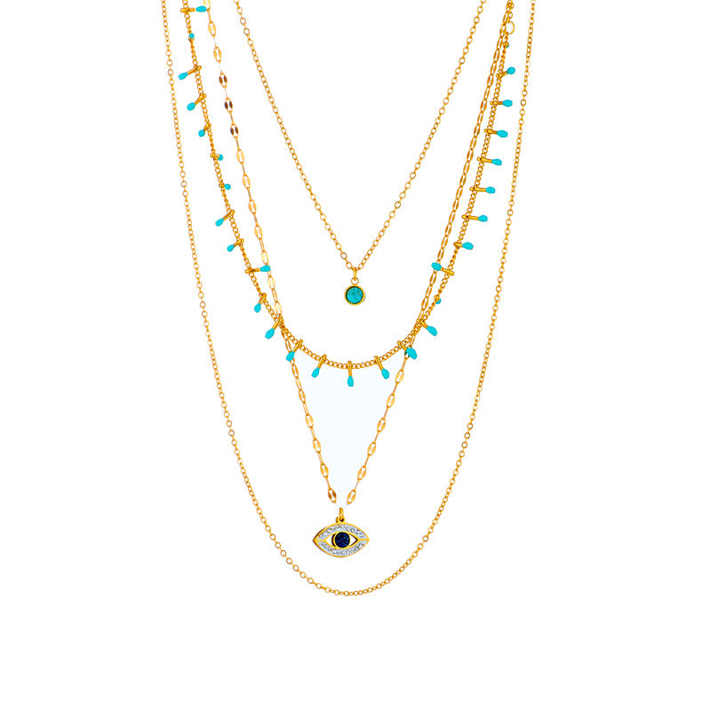 Fashion Chain Irregular Diamond Eye Turquoise Titanium Steel Necklace
