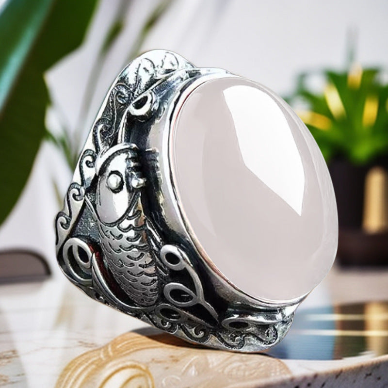 Men's Vintage Koi Domineering Thai Sier Niche Pisces Ruby Rings