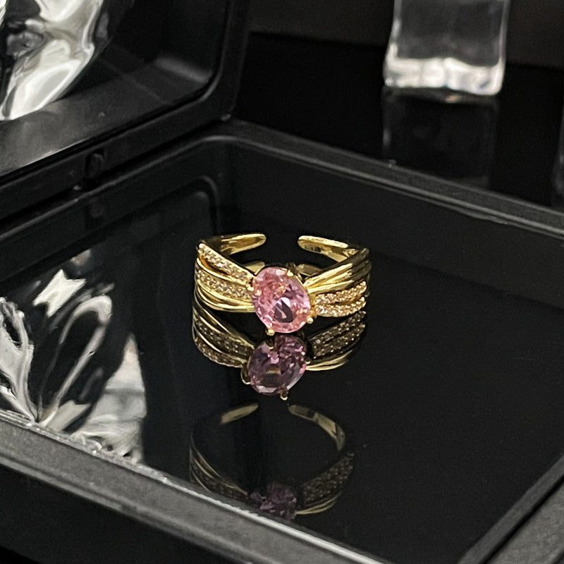 French Retro Court Gold Pink Diamond Open Female Rings